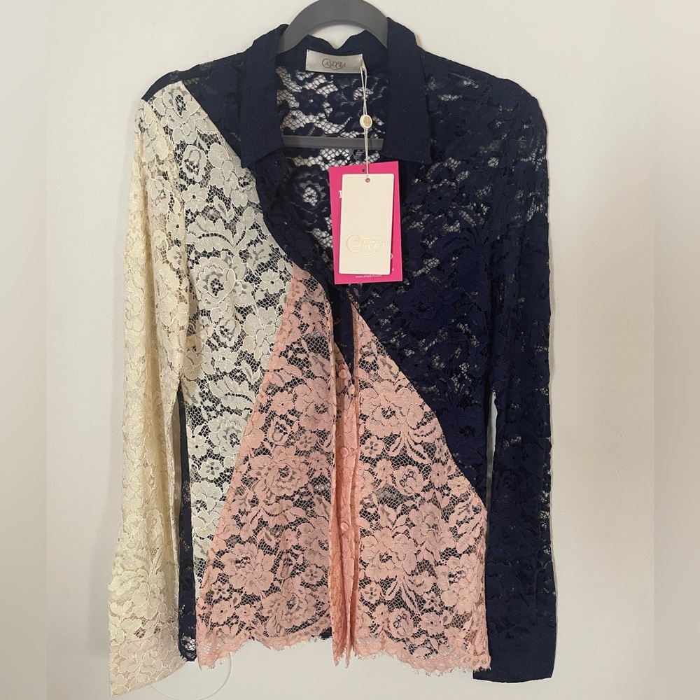 Lace color block top NWT new Candela navy blue peach ivory cream button up L